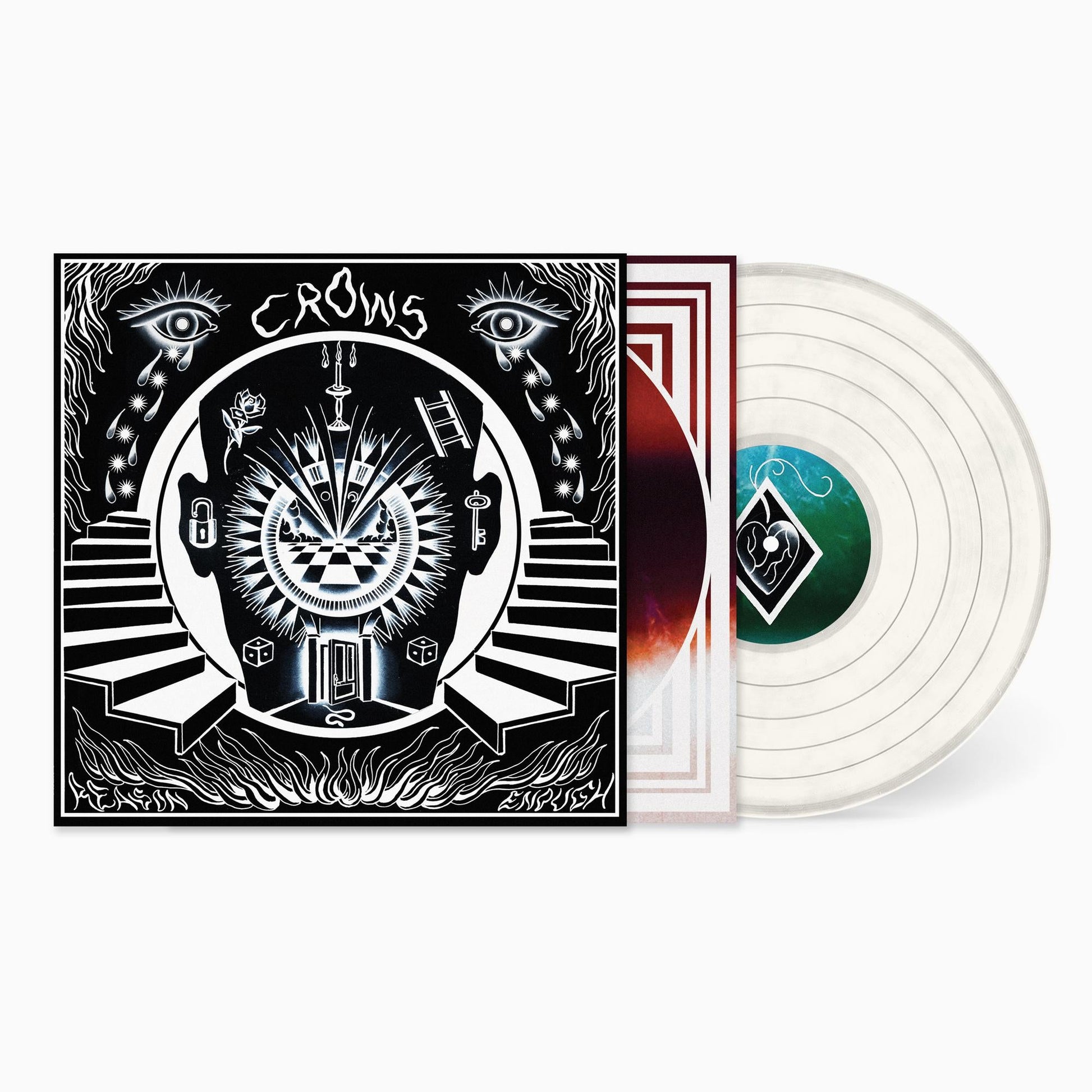 “Crows - Reason Enough” vinyl record with surreal black and white cover art.