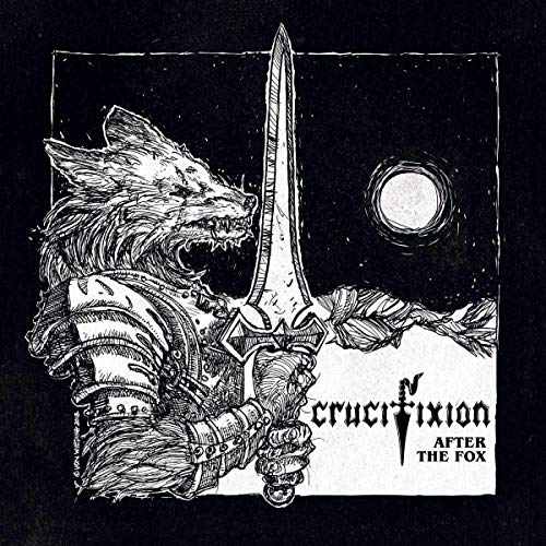 Black and white illustration of a wolf’s head with a sword and moon.