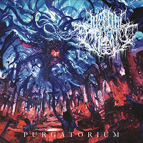 Dark, chaotic album cover for Mental Cruelty’s “Purgatorium” with twisted trees and figures.