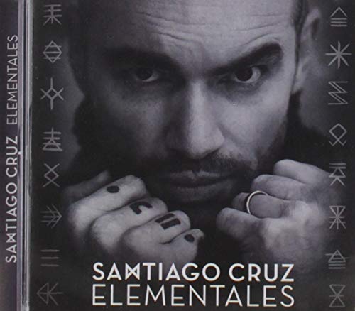 Black and white CD cover featuring a close-up portrait of Santiago Cruz with symbols.