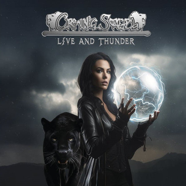 Album cover: woman with glowing orb, black panther, stormy sky.