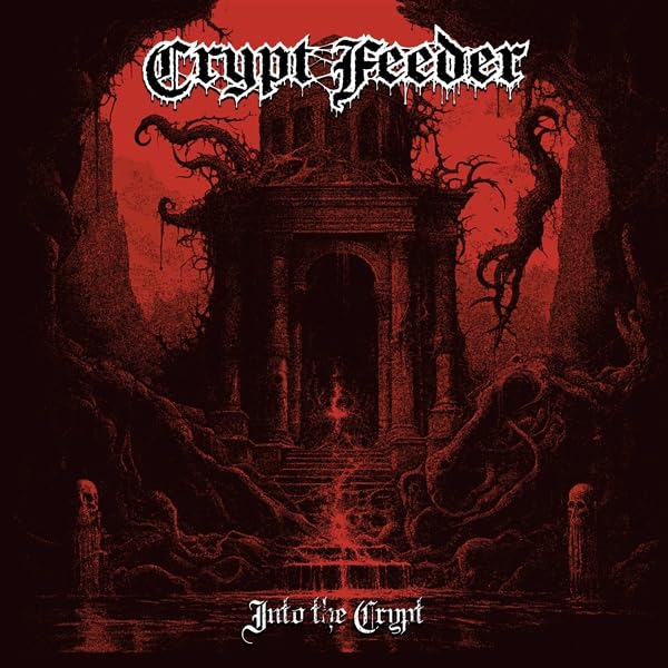 Red album cover depicting a decaying, vine-covered crypt structure.