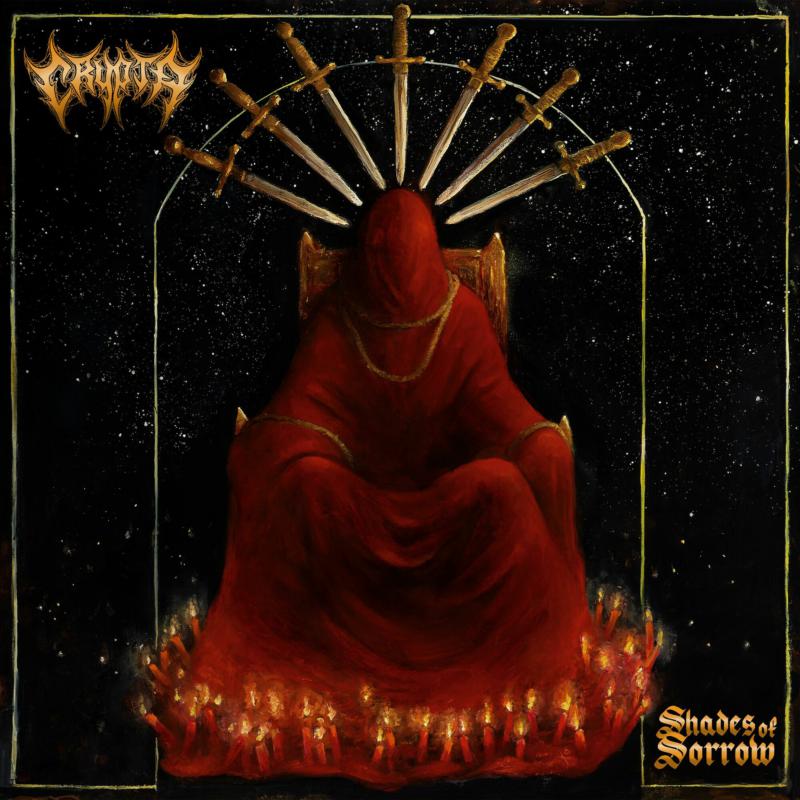 Red-robed figure on a throne, surrounded by swords and flames.