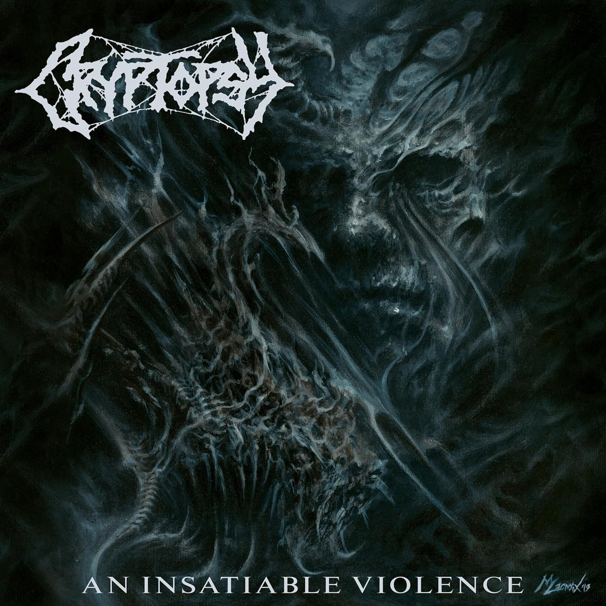 Dark, textured album cover for Cryptopsy's "An Insatiable Violence" CD.