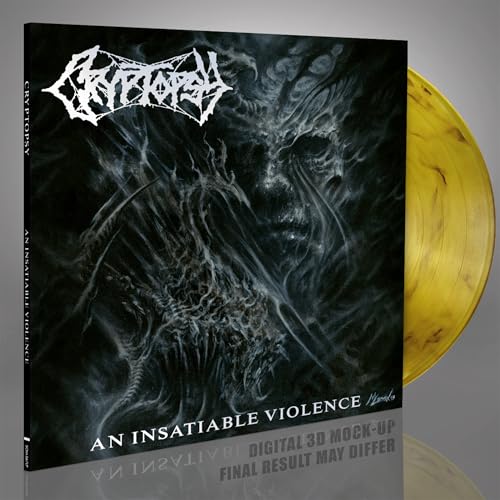 Cryptopsy album cover, “An Insatiable Violence”, with yellow vinyl record side.