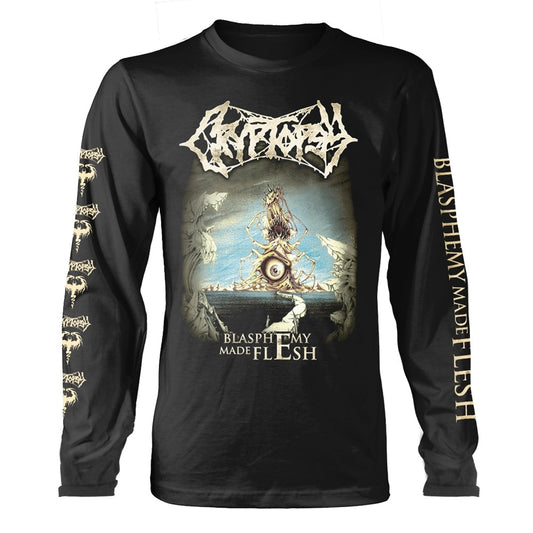 Black long sleeve shirt featuring Cryptopsy Blasphemy Made Flesh album art on the front.