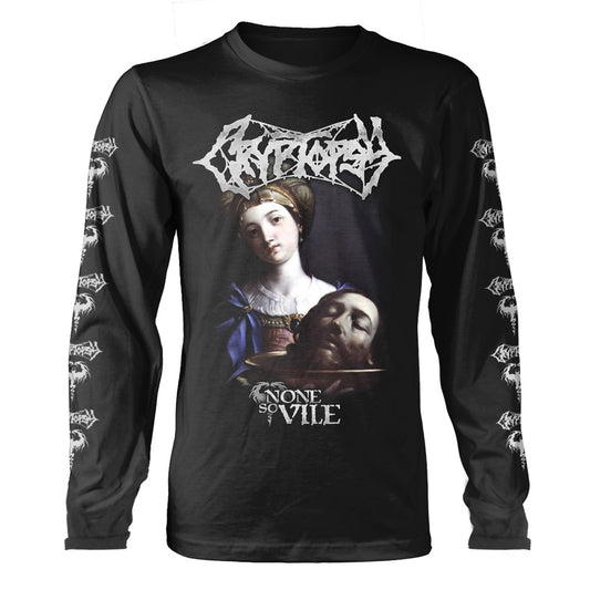 Black long-sleeve shirt with a painting of a woman and severed head.