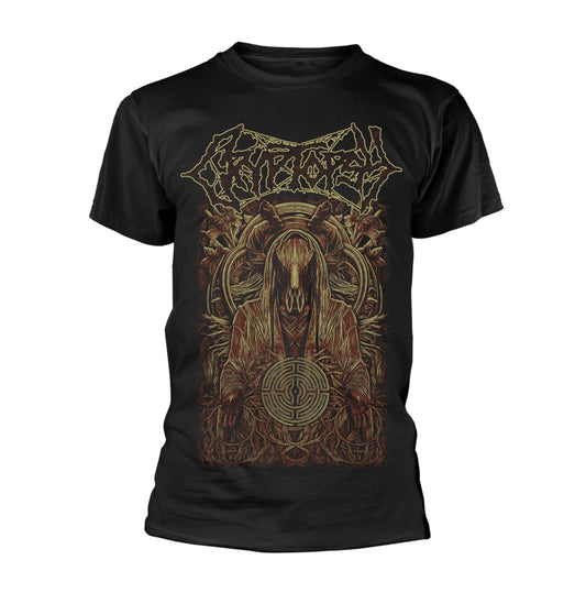 Black t-shirt with Cryptopsy’s ornate root logo design worn by a man.