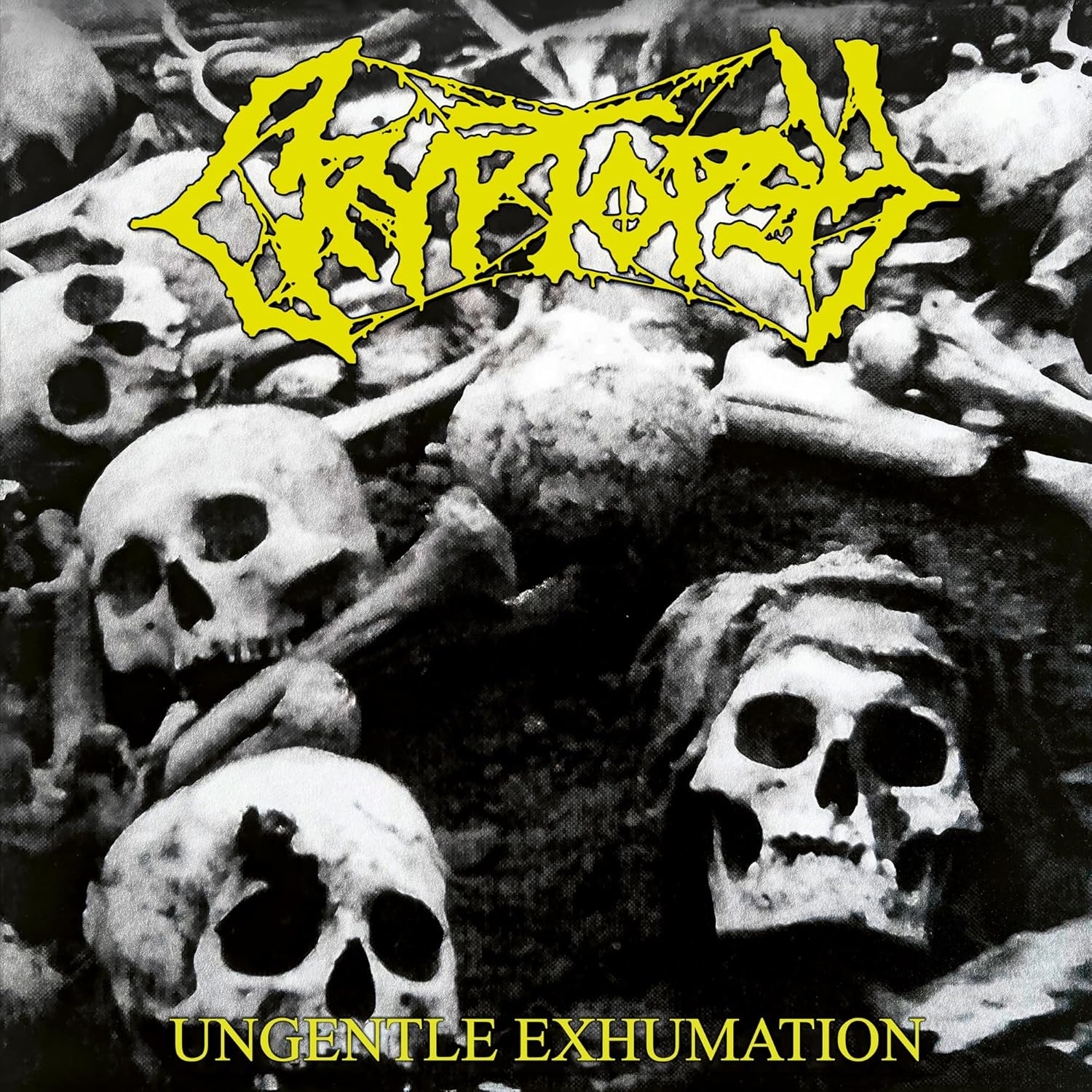 Cryptopsy album cover with skulls and band logo in yellow on black.