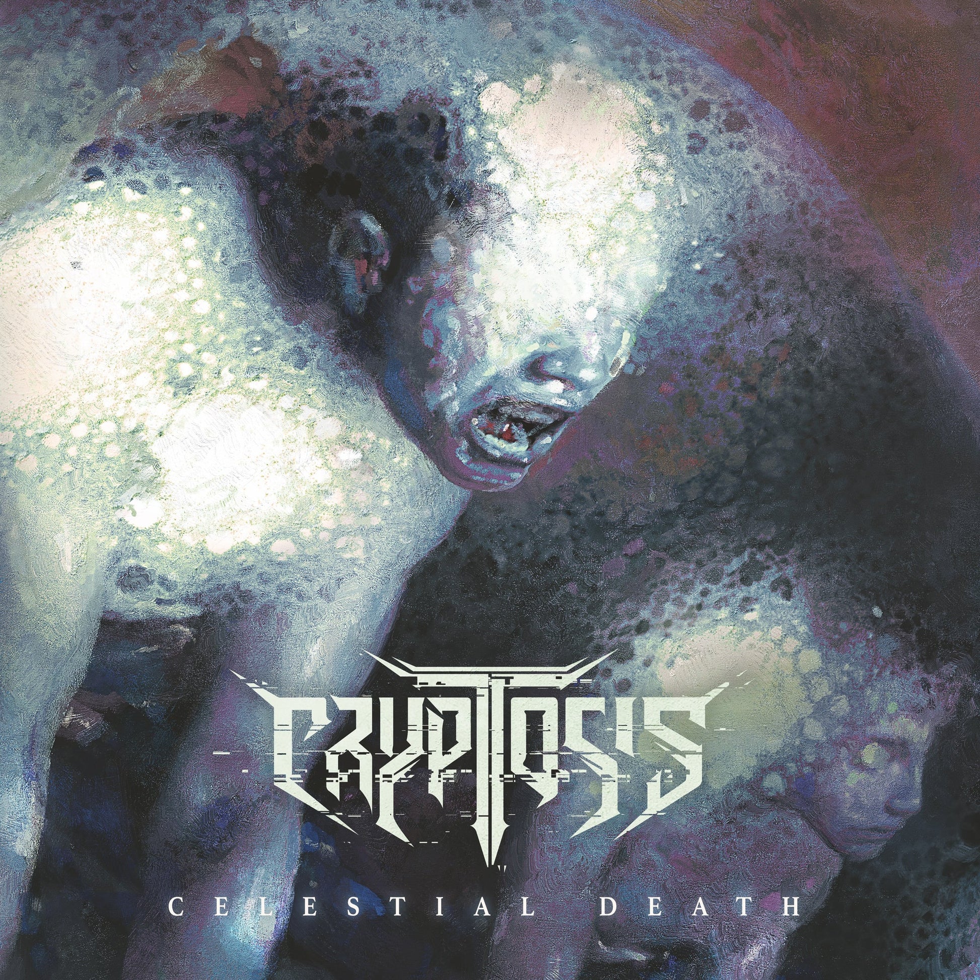 Album cover for Cryptosis’ “Celestial Death” featuring a distressed, screaming face.