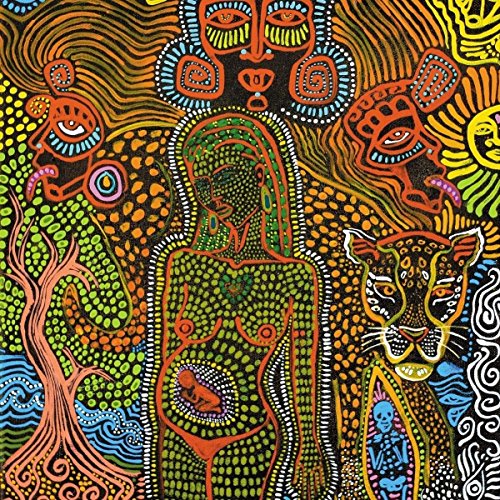 Colorful, patterned album cover featuring faces, figures, and animal forms.