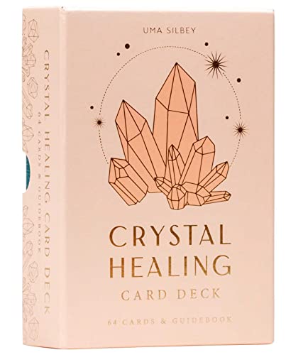 Pale pink card deck with gold foil crystal illustrations.
