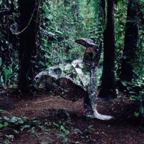 Mirror-covered donkey sculpture in a dark, lush forest setting.