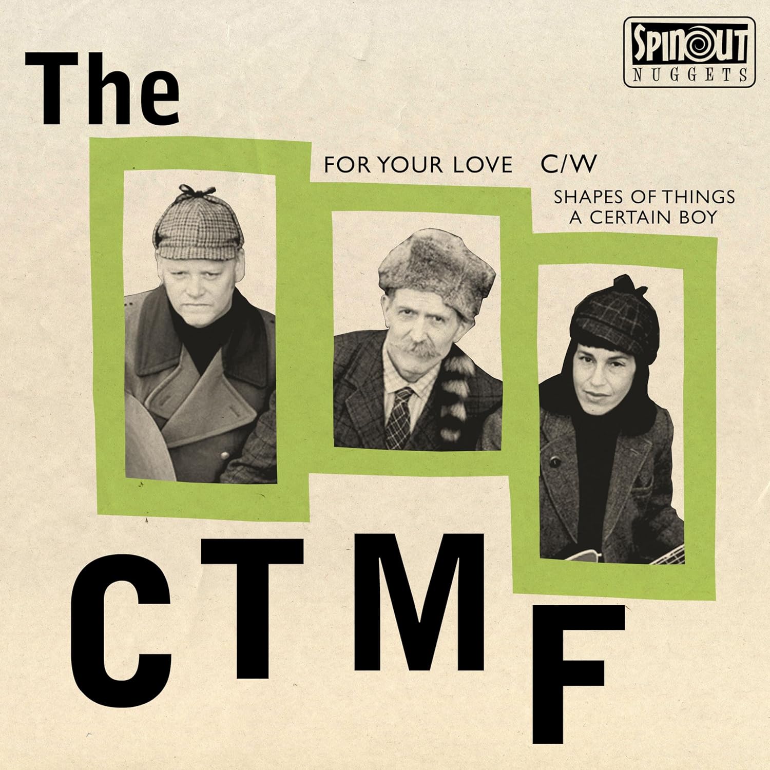 Vinyl record cover featuring three black and white portrait photos in green frames.