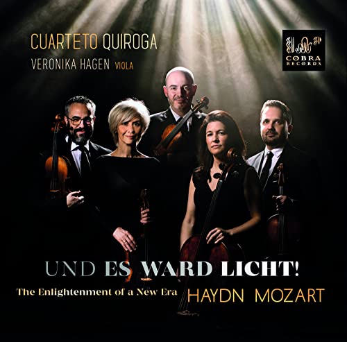 Classical string quartet portrait with light rays, album cover art.