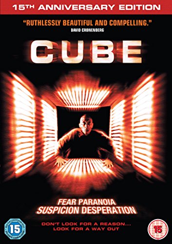Blu-ray cover for Cube showing a man inside a glowing, red-lit geometric room.