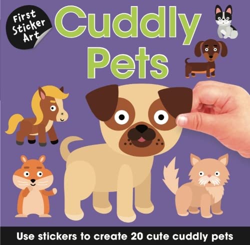 A hand places a pug sticker on a purple background featuring various cartoon pet illustrations.
