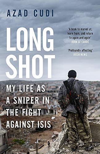 Book cover: man with rifle overlooking war-torn city, titled "Long Shot.