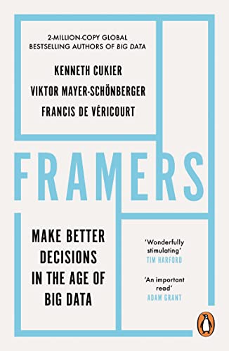 Book cover for "Framers" with blue and white geometric design.