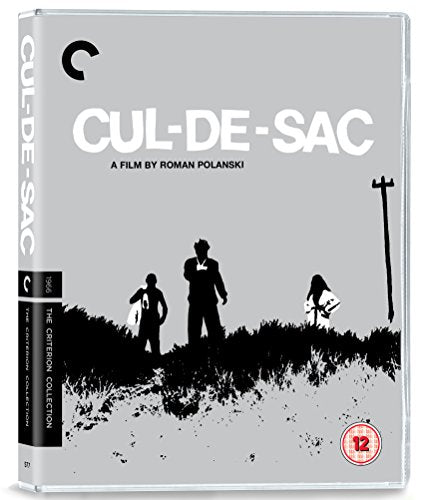 Blu-ray cover for “Cul-de-sac” showing three figures on a grassy hill.