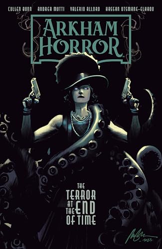 Comic cover: woman with guns, tentacles, and "Arkham Horror" title.