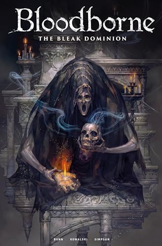 A hooded, skeletal figure holds a skull and a candle against a gothic background.