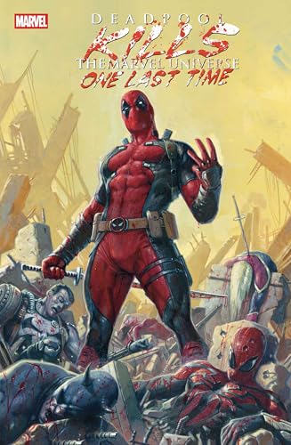 Deadpool stands amidst debris and fallen superheroes on a comic book cover.