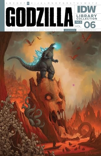 Godzilla stands on a giant skull in a fiery, ruined landscape.