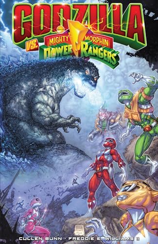 Godzilla confronts the Mighty Morphin Power Rangers in comic book art.