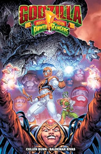 Godzilla looms over Power Rangers and a hooded character on a comic book cover.