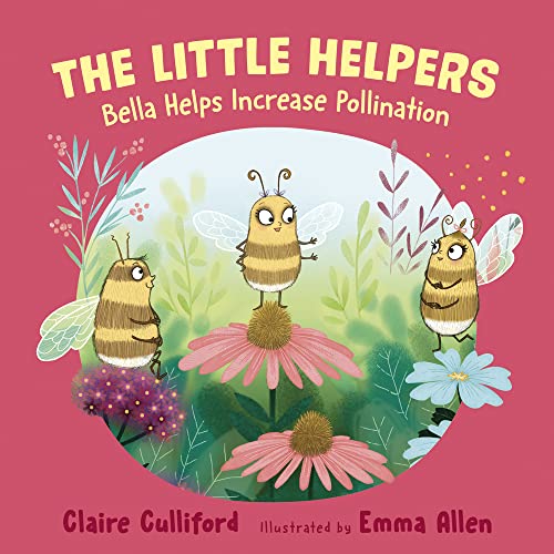 Book cover with three cartoon bees among pink and blue flowers.