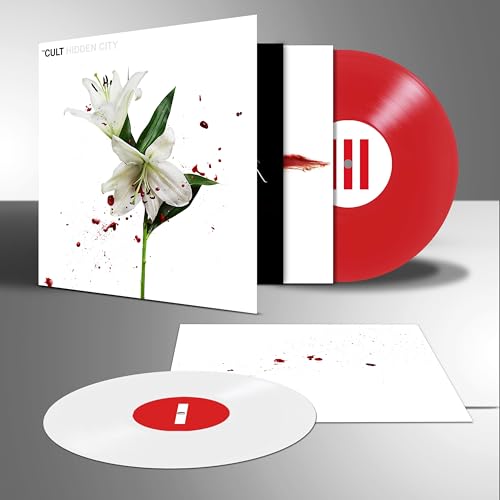 Cult “Hidden City” vinyl record with white and red discs, lily flower.
