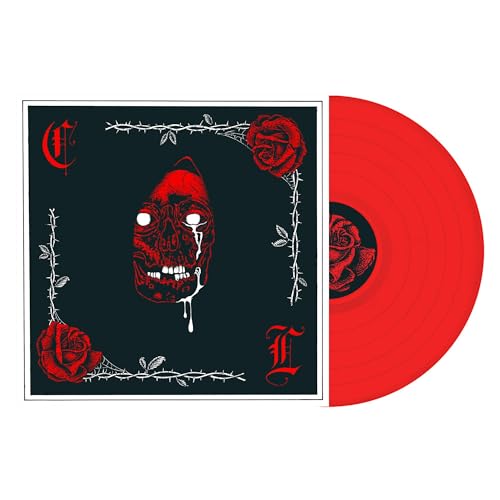 Red vinyl record with album art of a skull framed by roses and thorns.