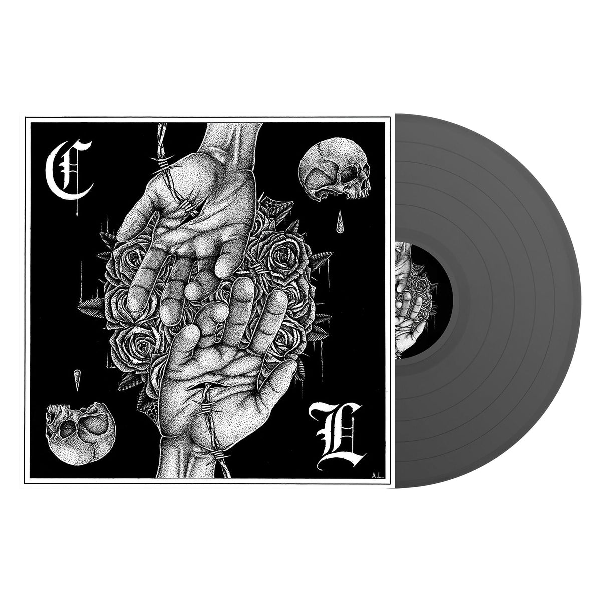 Vinyl record with black and white illustration of hands, roses, and skulls.