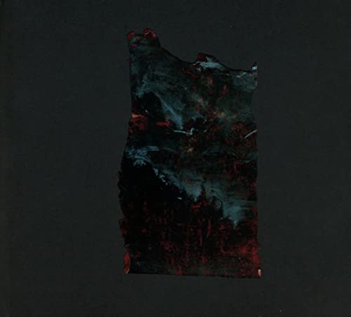Dark, abstract album cover with red and teal textured shapes.