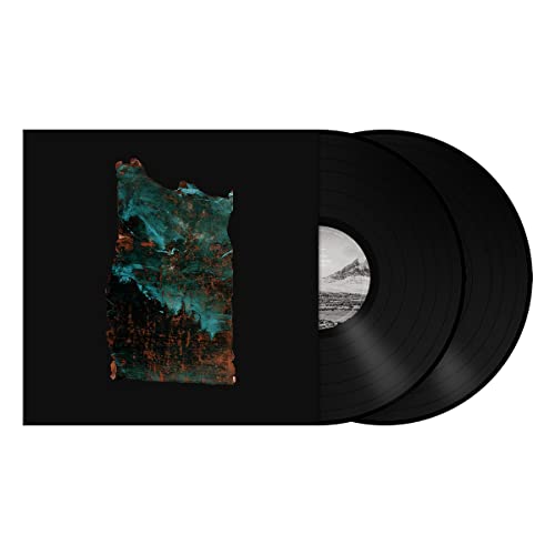 Two black vinyl records with a textured, teal and red album cover.