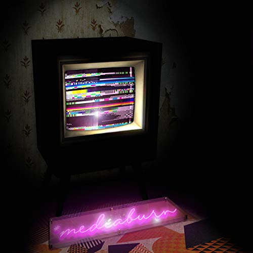 "An old TV displays distorted colors, accompanied by a neon 'mediaburn' sign."