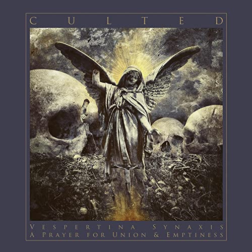 Dark album cover featuring a winged figure amidst skulls and decay.