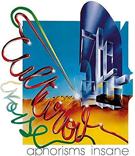Abstract art featuring red script text over a desert landscape and geometric structures.