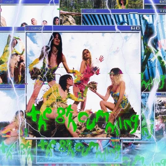 Collage of band members in window frames overlaid with bright green text and lightning.