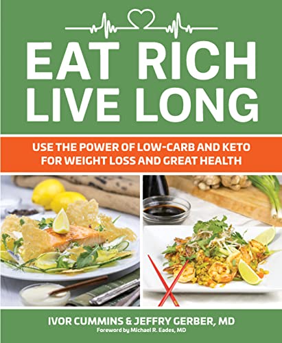 Book cover with food photos, title “Eat Rich, Live Long” and author names.