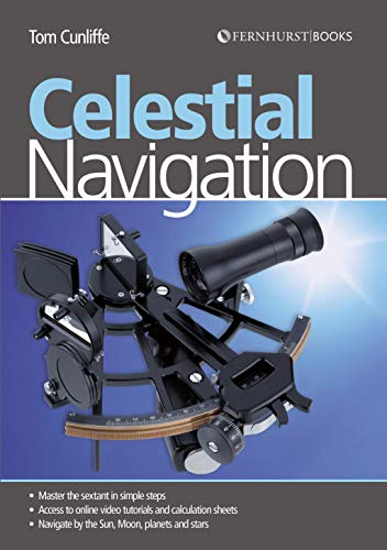 Book cover titled Celestial Navigation by Tom Cunliffe featuring a black nautical sextant.