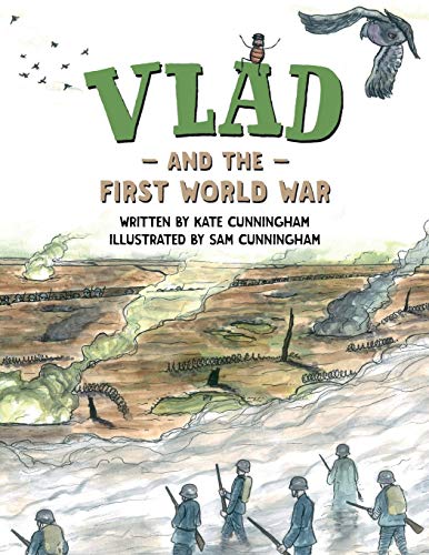 Book cover: illustrated flea, soldiers, and World War One battlefield scene.
