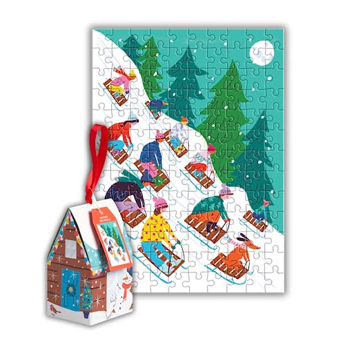 Jigsaw puzzle depicting colorful skiers on a snowy mountain scene.
