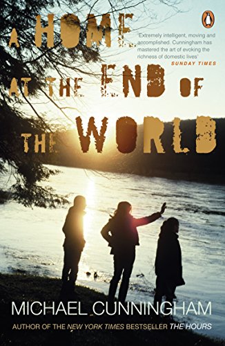 Book cover: silhouetted figures by water, title “A Home at the End of the World.”