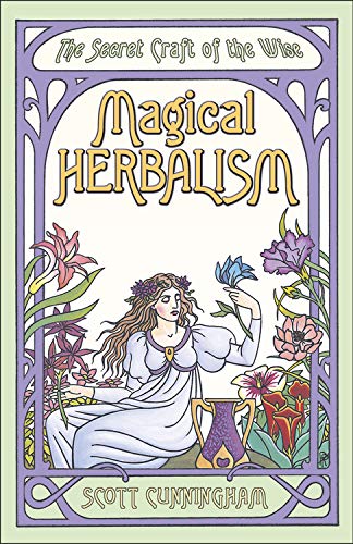 Book cover: "Magical Herbalism" with woman among flowers in ornate frame.