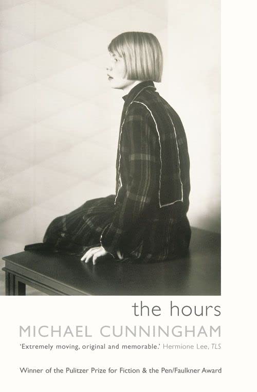Book cover of The Hours by Michael Cunningham featuring a black and white portrait.