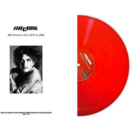 Red vinyl record of The Cure’s BBC Sessions with Robert Smith portrait.
