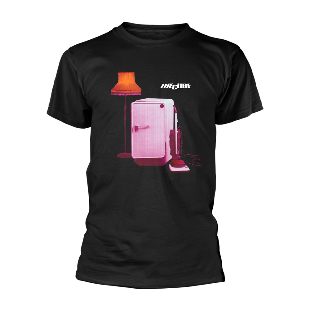 Black t-shirt displaying album art with a lamp, fridge, and vacuum.