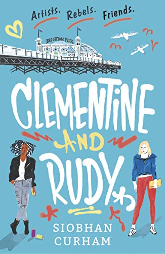 Book cover with illustrated pier, two young women, and title "Clementine and Rudy".